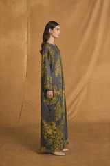 Round Neck Abaya - Yellow Floral outline with Dark Glitter Grey