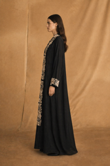V Neck Abaya - Light Brown Flower Lace on Front and Sleeves