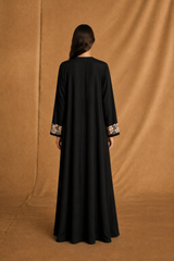 V Neck Abaya - Light Brown Flower Lace on Front and Sleeves