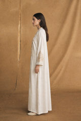 V Neck Abaya - Tie Rope on Front - Off White Bead Flower Lace