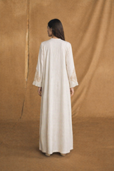 V Neck Abaya - Tie Rope on Front - Off White Bead Flower Lace
