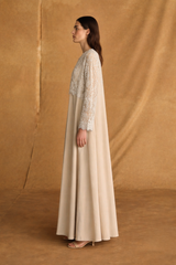 V Neck Abaya - Off white Bead Flower Lace on Half Front and Full Sleeves
