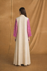 Zainah Cut Abaya - Pink Crochet Lace Full Front and Sleeves