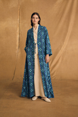 Frill Collar Abaya - Tie Rope on Front - Dark Blue with Mixed Colour