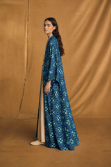 Frill Collar Abaya - Tie Rope on Front - Dark Blue with Mixed Colour