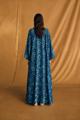 Frill Collar Abaya - Tie Rope on Front - Dark Blue with Mixed Colour