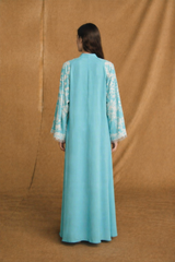 Chinese Collar Abaya - White Bead Sequin Flower Lace