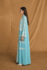 Chinese Collar Abaya - White Bead Sequin Flower Lace