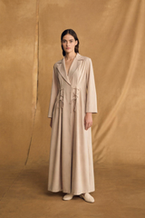 Notched Collar abaya with Eyelet tie rope with pleat in Light beige