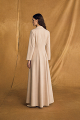 Notched Collar abaya with Eyelet tie rope with pleat in Light beige