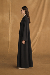 Notched Collar abaya with Eyelet tie rope with pleat in Black