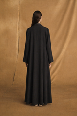 Notched Collar abaya with Eyelet tie rope with pleat in Black