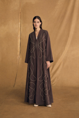 V Neck Abaya - Light Brown Bead Emb. on Front - Dark Brown