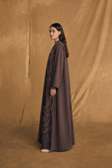 V Neck Abaya - Light Brown Bead Emb. on Front - Dark Brown