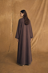 V Neck Abaya - Light Brown Bead Emb. on Front - Dark Brown