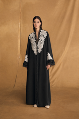 V High Neck Abaya - Off White Bead Lace Patch