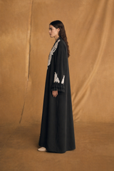 V High Neck Abaya - Off White Bead Lace Patch
