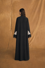 V High Neck Abaya - Off White Bead Lace Patch