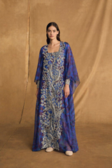 Box Neck Thobe - Two Piece Set - Dark Blue with Purple