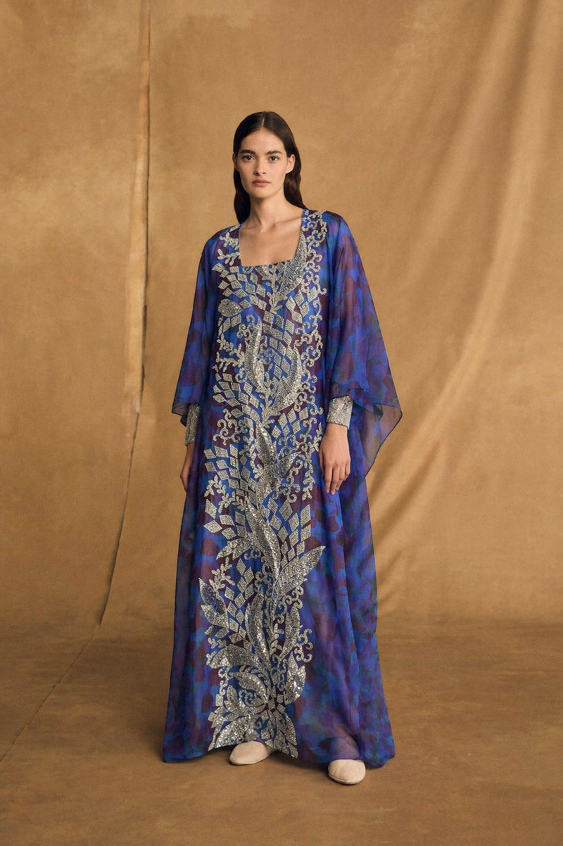 Box Neck Thobe - Two Piece Set - Dark Blue with Purple – Hessa Falasi