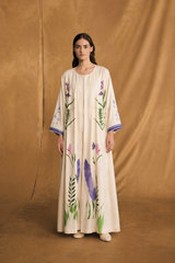 Round Neck Abaya - Purple with Green Flower Art Work