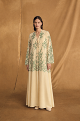 V Neck Abaya - Yellow with green flower Dantil lace