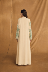 V Neck Abaya - Yellow with green flower Dantil lace