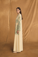 V Neck Abaya - Yellow with green flower Dantil lace