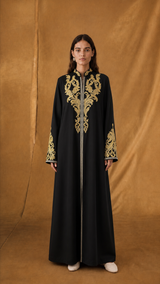 Chinese Collar Abaya - Yellow Sequin Bead Lace