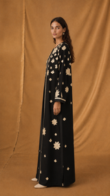 V Neck Abaya - Flower Bead Lace patch Silver Moroccan Lace
