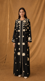 V Neck Abaya - Flower Bead Lace patch Silver Moroccan Lace