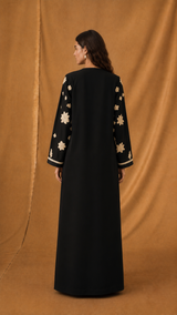 V Neck Abaya - Flower Bead Lace patch Silver Moroccan Lace