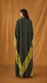 v Neck Abaya - Light Green with Pink Floral Toor Panel