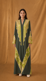 v Neck Abaya - Light Green with Pink Floral Toor Panel