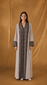 v Neck Abaya - Black with Biege Toor Lace