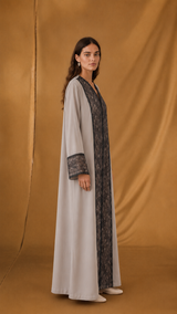 v Neck Abaya - Black with Biege Toor Lace