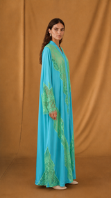 v Neck Abaya - Green Floral Toor Panel