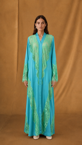 v Neck Abaya - Green Floral Toor Panel