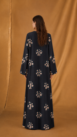 V Neck Abaya - Two Shade Beige Flowers