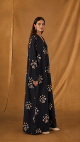 V Neck Abaya - Two Shade Beige Flowers