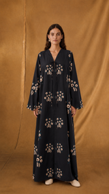V Neck Abaya - Two Shade Beige Flowers