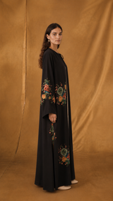 Round Neck Abaya - Black With Green&nbsp;
