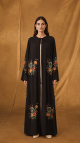 Round Neck Abaya - Black With Green&nbsp;