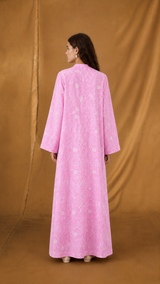 V Neck Abaya - Pink with White Eyelet Cotton