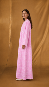 V Neck Abaya - Pink with White Eyelet Cotton