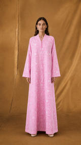 V Neck Abaya - Pink with White Eyelet Cotton