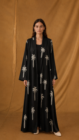 Zainah Cut Abaya - Black With Digital Printed Art Palm Trees