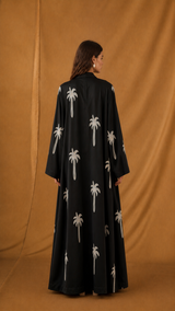 Zainah Cut Abaya - Black With Digital Printed Art Palm Trees