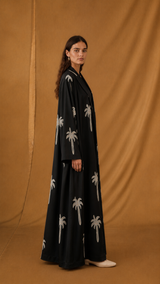 Zainah Cut Abaya - Black With Digital Printed Art Palm Trees