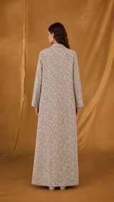 Notched Collar Abaya - Beige with Off White Floral Print